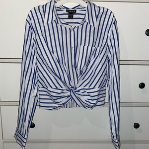 Blue and White Striped Button Up Crop Shirt